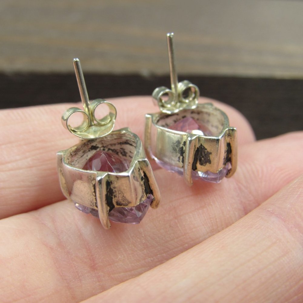 Sterling Silver Carved Leaf Amethyst Rustic Stud Earrings Vintage - Picture 4 of 7